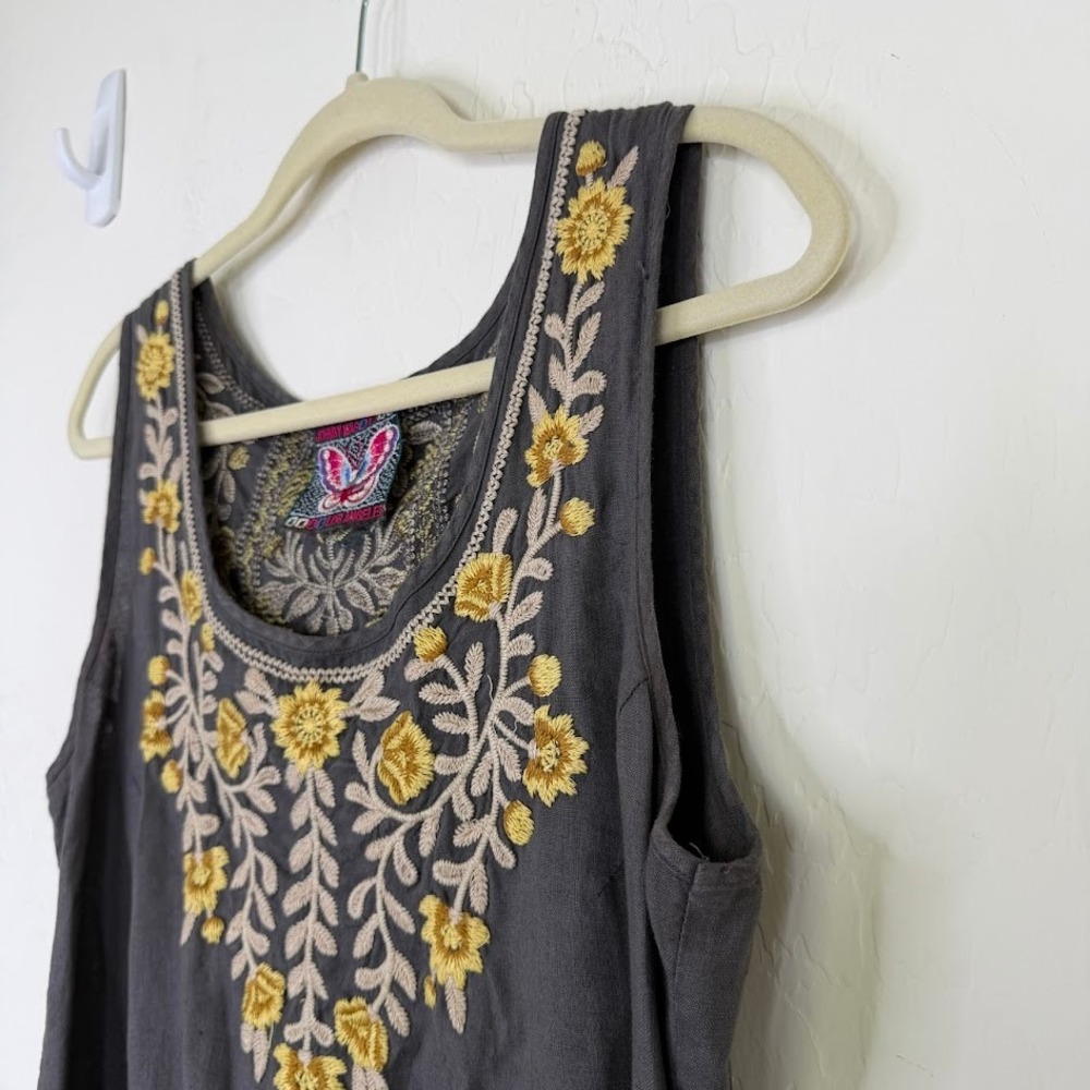 Johnny Was Embroidered Floral Linen Tank Dress Gray Boho Cottagecore Size Medium - Picture 4 of 12
